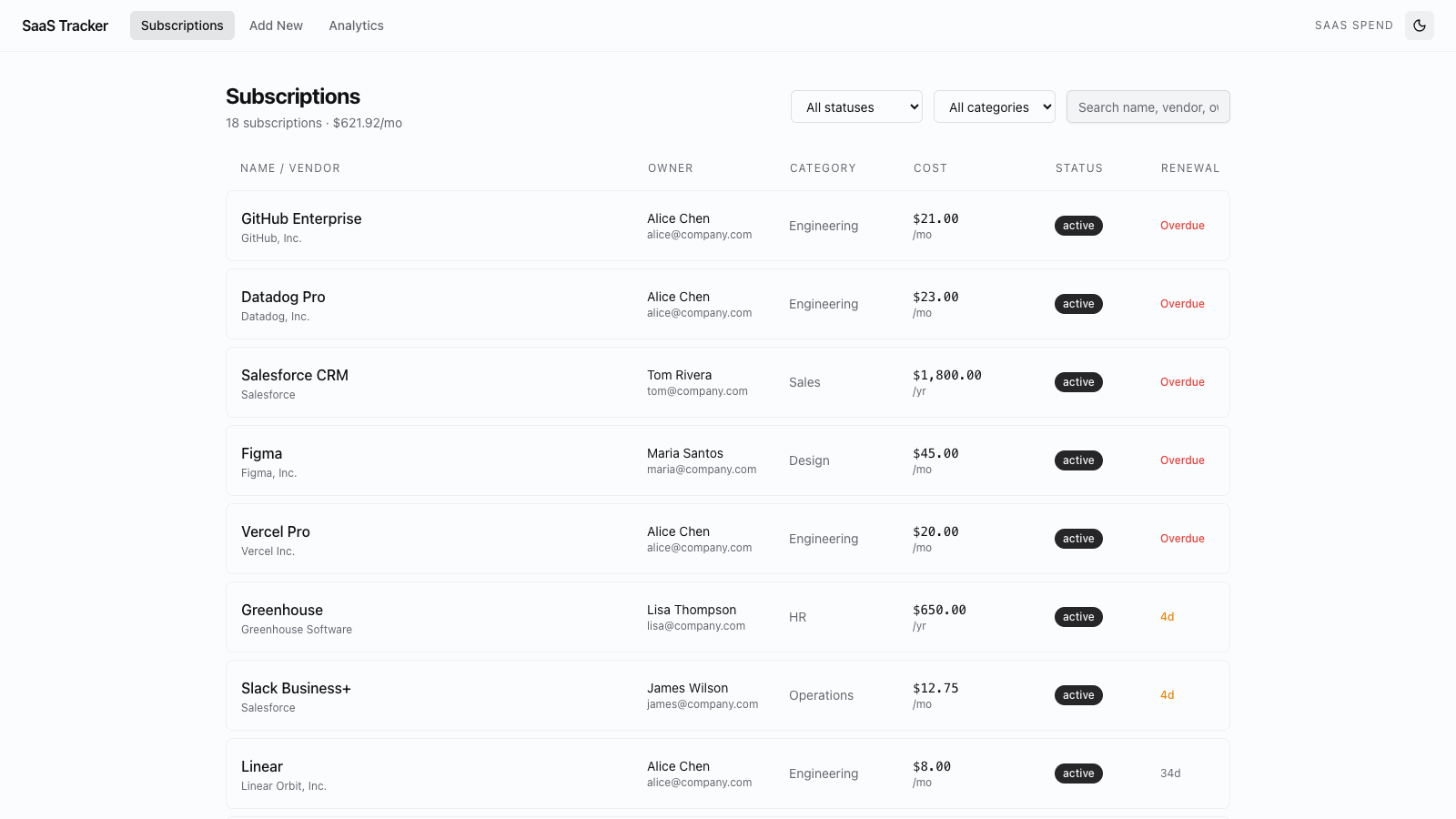 SaaS Subscription Tracker preview
